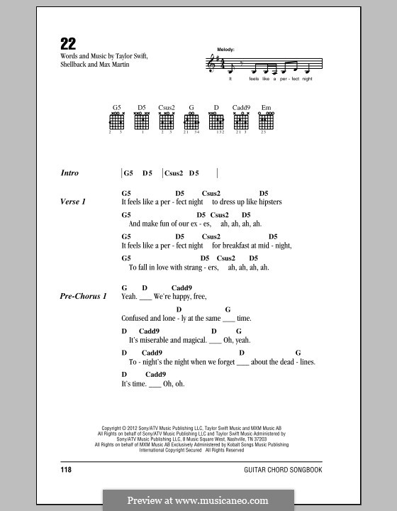 22: Lyrics and chords by Taylor Swift