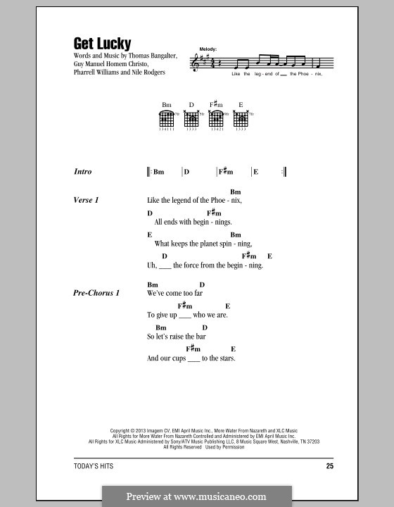 Get Lucky (Daft Punk featuring Pharrell Williams): Lyrics and chords by Nile Rodgers, Pharrell Williams, Thomas Bangalter, Guy-Manuel de Homem-Christo