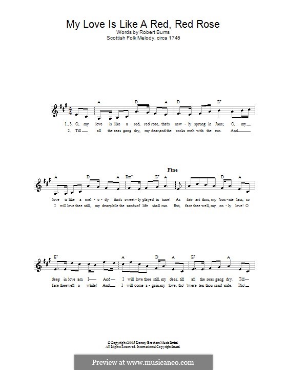 My Love is Like a Red, Red Rose by folklore sheet music on MusicaNeo