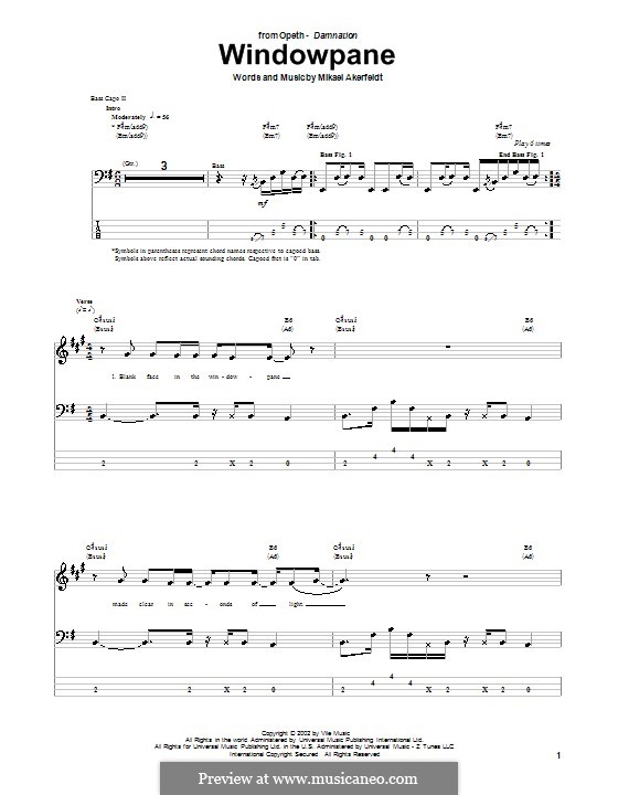 Windowpane (Opeth): For bass guitar with tab by Mikael Akerfeldt