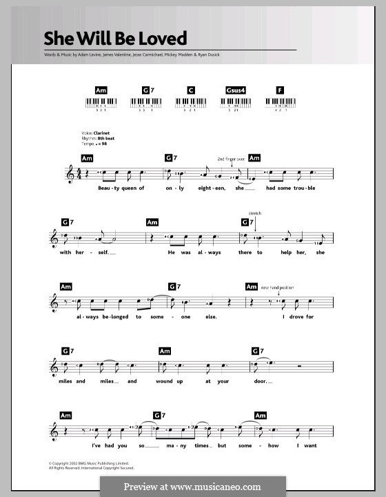 She Will Be Loved (Maroon 5): For keyboard by Adam Levine, James Valentine