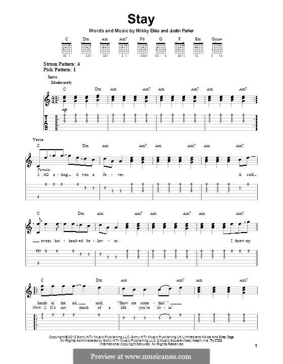 Stay (Rihanna): For guitar with tab by Justin Parker, Elof Loelv, Mikky Ekko