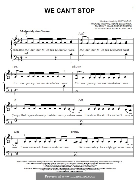We Can't Stop (Miley Cyrus): For piano by Douglas Davis, Miley Ray Cyrus, Ricky Walters, Theron Thomas, Timothy Thomas, Michael Williams, Pierre Slaughter