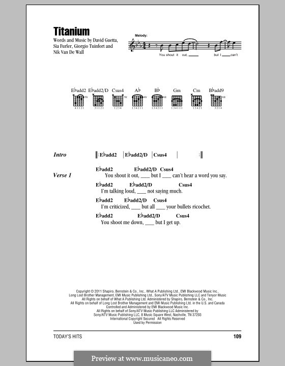 Titanium: Lyrics and chords by David Guetta, Giorgio Tuinfort, Nick van de Wall, Sia Furler