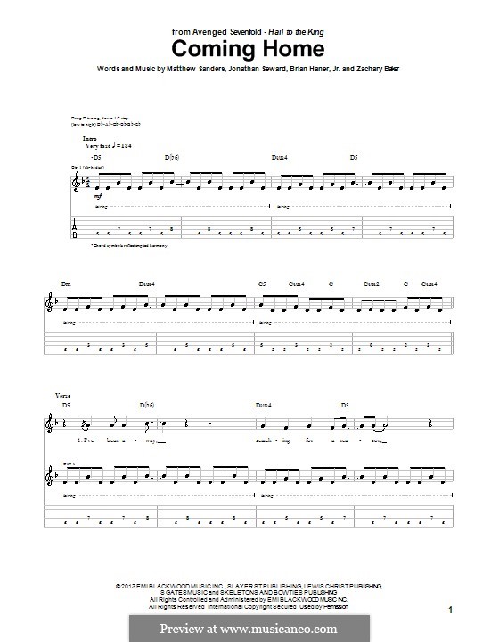 Coming Home (Avenged Sevenfold): For guitar with tab by Brian Haner Jr., Jonathan Seward, Matthew Sanders, Zachary Baker