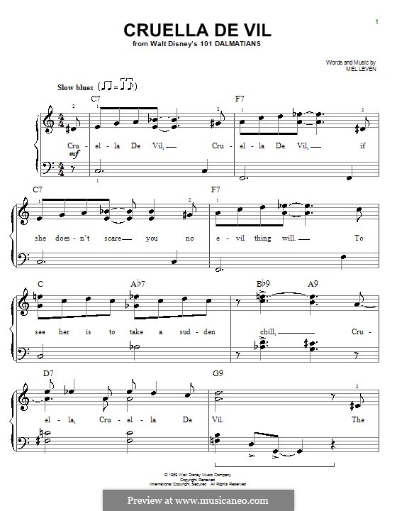 Cruella de Vil (from 101 Dalmatians): For piano by Mel Leven