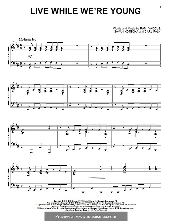 Live While We're Young (One Direction): For piano by Carl Falk, Rami Yacoub, Savan Kotecha