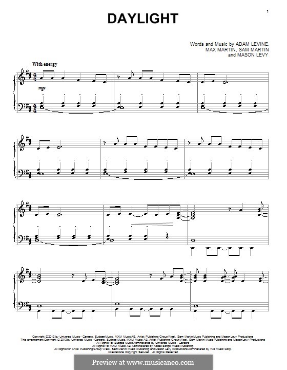 Daylight (Maroon 5): For piano by Adam Levine, Mason Levy, Max Martin, Sam Martin