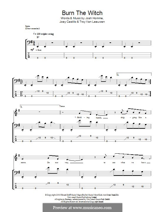 Burn the Witch (Queens of the Stone Age): For bass guitar with tab by Joey Castillo, Joshua Homme, Troy Van Leeuwen