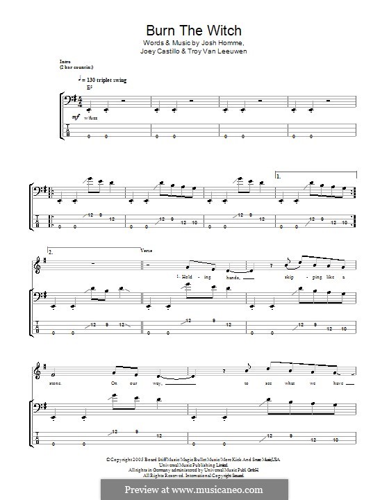 Burn the Witch (Queens of the Stone Age): For bass guitar with tab by Joey Castillo, Joshua Homme, Troy Van Leeuwen