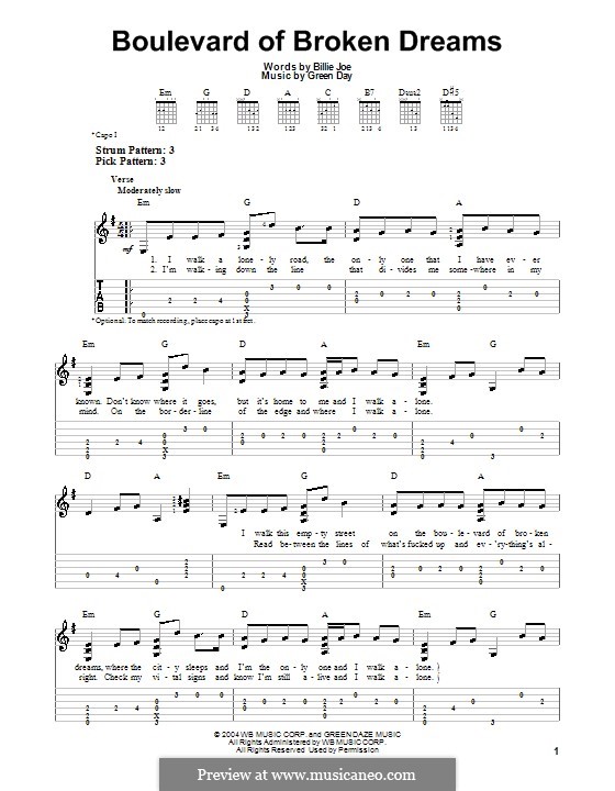 Boulevard of Broken Dreams (Green Day): For guitar with tab by Billie Joe Armstrong, Tré Cool, Michael Pritchard