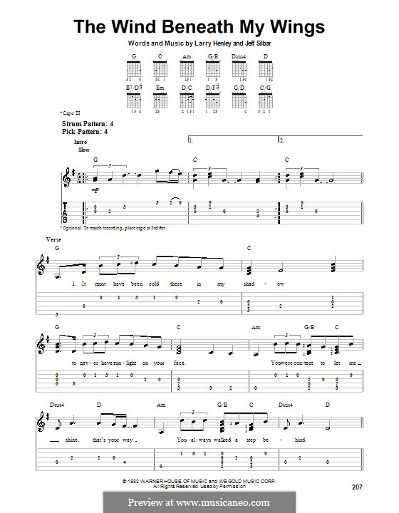 The Wind Beneath My Wings (Bette Midler): For guitar with tab by Jeff Silbar, Larry Henley