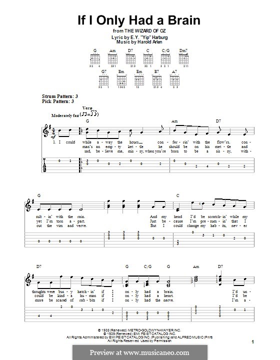 If I Only Had a Brain (from The Wizard of Oz): For guitar with tab by Harold Arlen