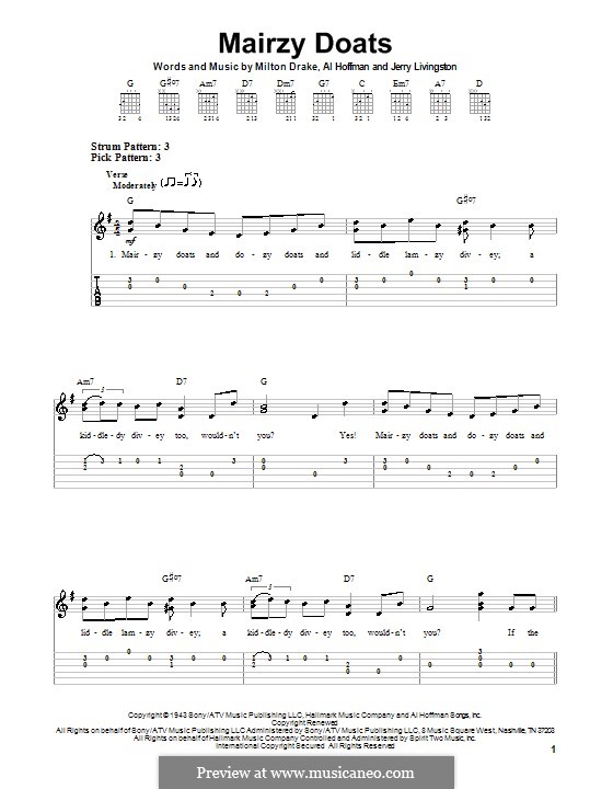 Mairzy Doats: For guitar with tab by Al Hoffman, Jerry Livingston, Milton Drake