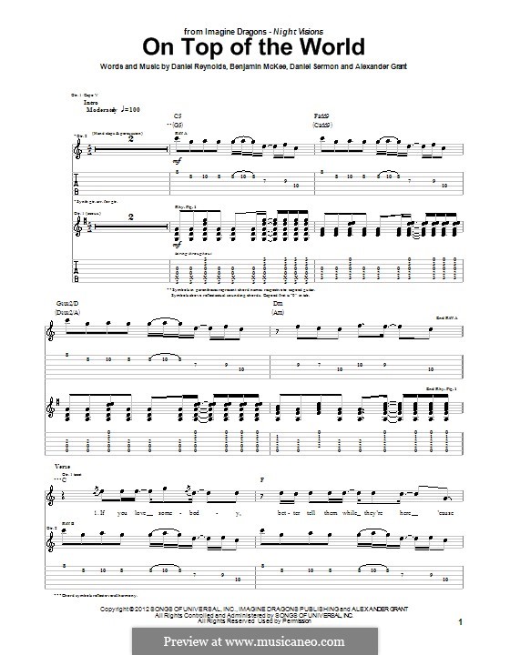 On Top of the World (Imagine Dragons): For guitar with tab by Alexander Grant, Benjamin McKee, Daniel Reynolds, Daniel Sermon