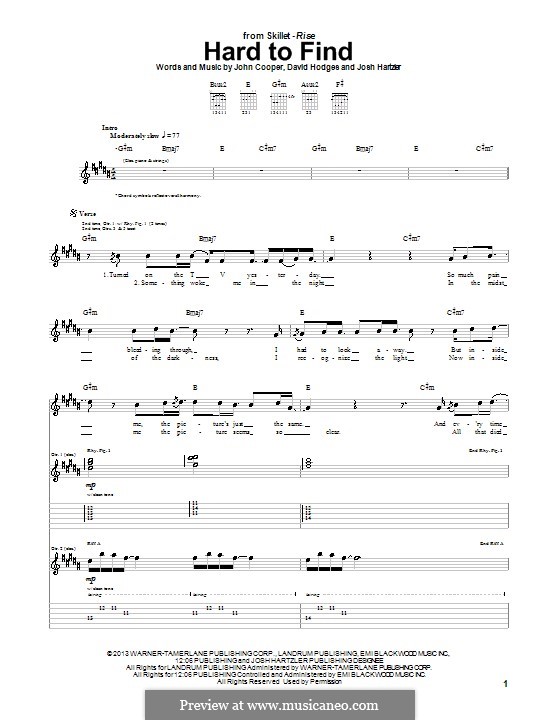 Hard to Find (Skillet): For guitar with tab by David Hodges, John Cooper, Josh Hartzler