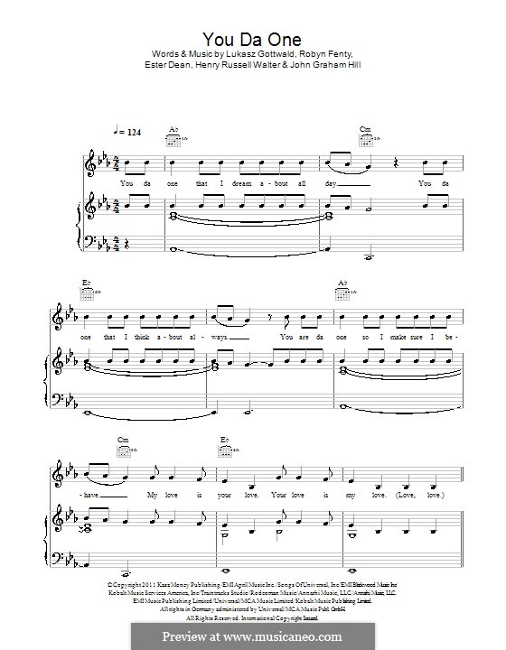 You Da One: For voice and piano (or guitar) by Esther Dean, Lukas Gottwald, Rihanna, Henry Russell Walter, John Hill