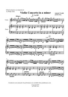 Concerto for Violin and Strings in A Minor: Arrangement for violin and piano, F1 No.183 by Antonio Vivaldi