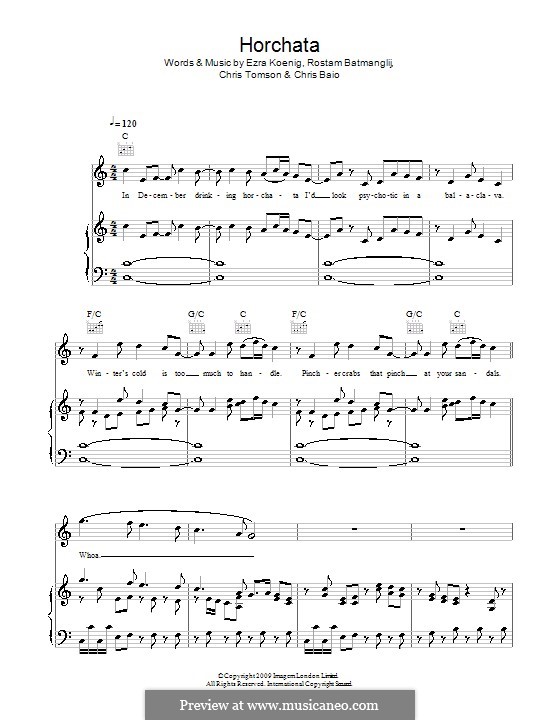Horchata (Vampire Weekend): For voice and piano (or guitar) by Chris Baio, Christopher Tomson, Ezra Koenig, Rostam Batmanglij