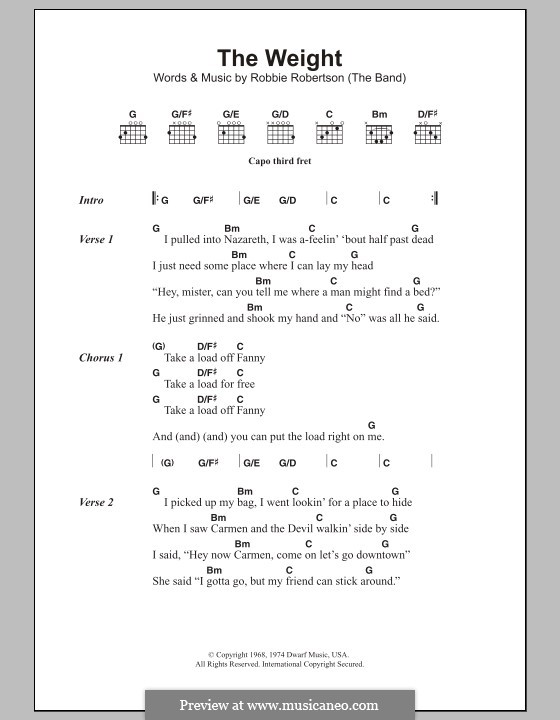 The Weight (The Band): Lyrics and chords by Robbie Robertson