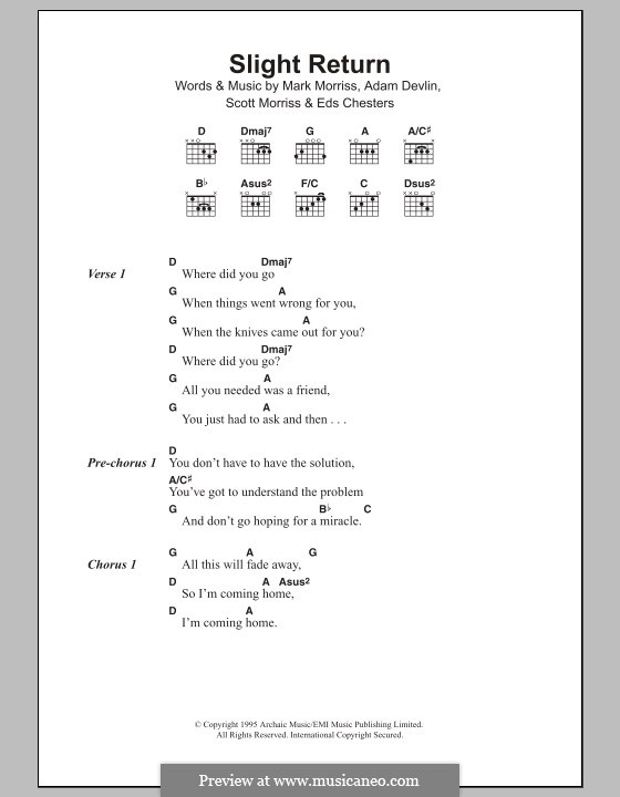 Slight Return (The Bluetones): Lyrics and chords by Adam Devlin, Eds Chesters, Mark Morriss, Scott Morriss