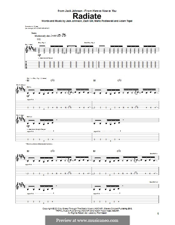 Radiate: For guitar with tab by Adam Topol, Jack Johnson, Merlo Podlewski, Zach Gill