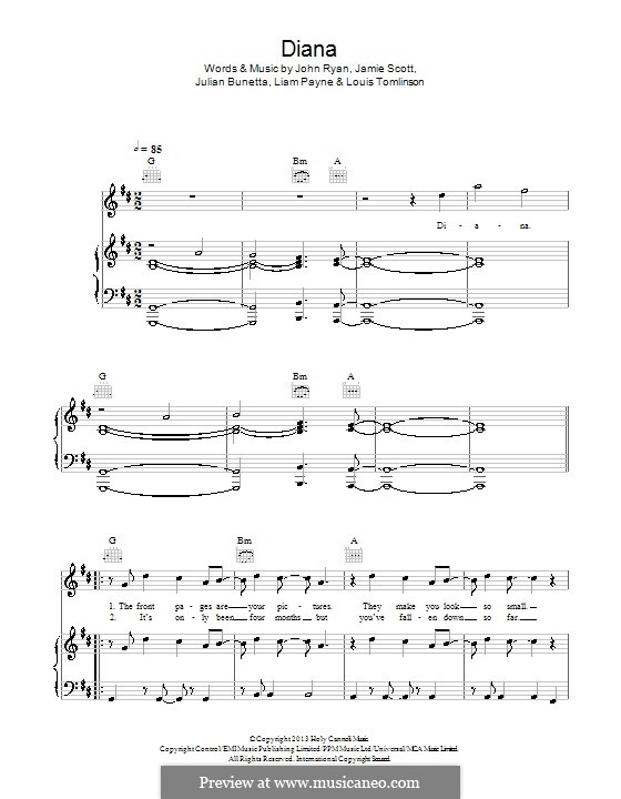 Diana (One Direction): For voice and piano (or guitar) by Julian Bunetta, Jamie Scott, Louis Tomlinson, Liam Payne, John Henry Ryan