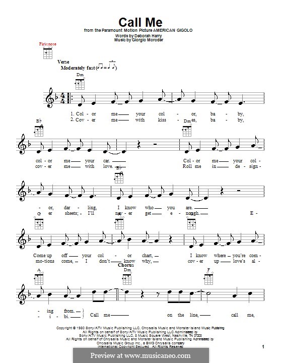 Call Me (Blondie): For ukulele by Deborah Harry, Giorgio Moroder