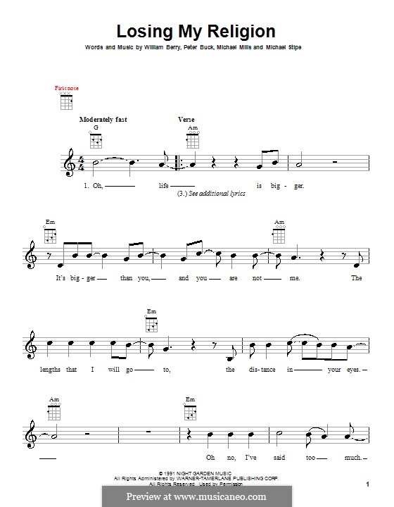 Losing My Religion (R.E.M.): For ukulele by Mike Mills, Michael Stipe, Peter Buck, William Berry