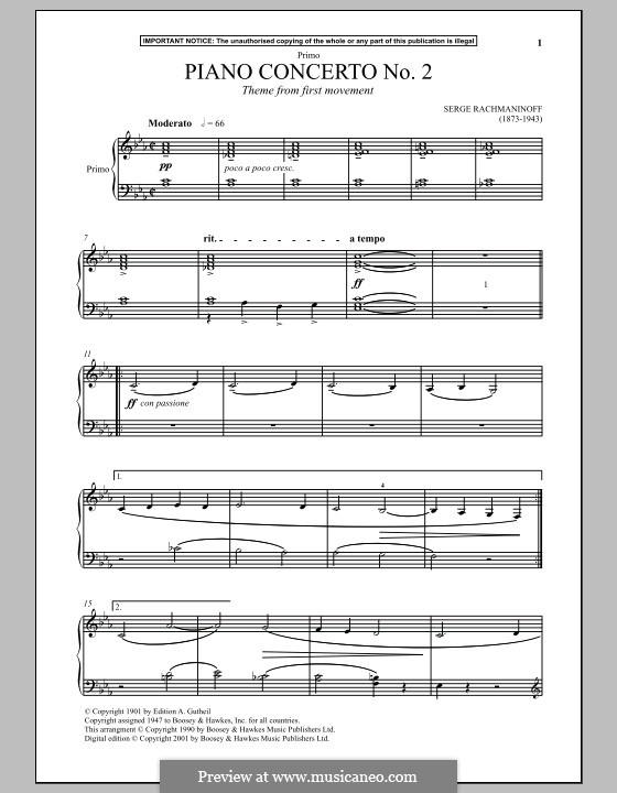 Piano Concerto No.2 in C Minor, Op.18: Movement I (Theme). Arrangement for piano by Sergei Rachmaninoff