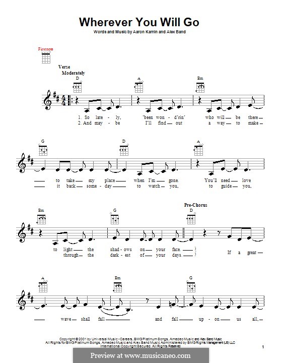 Wherever You Will Go (The Calling): For ukulele by Aaron Kamin, Alex Band