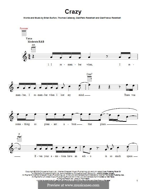 Crazy (Gnarls Barkley): For ukulele by Brian Burton, Gian Piero Reverberi, Gianfranco Reverberi, Thomas Callaway