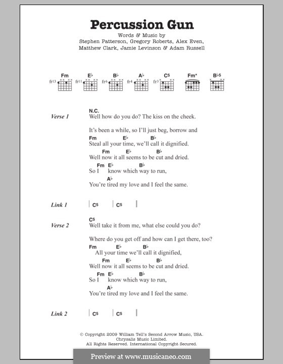 Percussion Gun (White Rabbits): Lyrics and chords by Adam Russell, Stephan Patterson, Alex Even, Gregory Roberts, Jamie Levinson, Matthew Clark