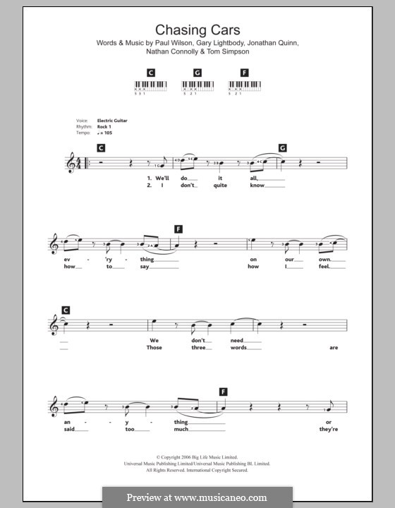 Chasing Cars (Snow Patrol): For keyboard by Gary Lightbody, Jonathan Quinn, Nathan Connolly, Paul Wilson, Tom Simpson