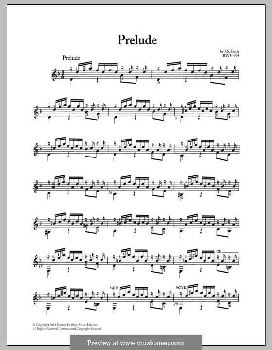 Prelude in C Minor, BWV 999: For guitar with tab by Johann Sebastian Bach