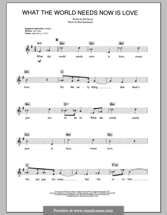 What the World Needs Now Is Love: For keyboard by Burt Bacharach