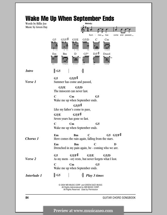 Wake Me Up When September Ends (Green Day): Lyrics and chords by Billie Joe Armstrong, Tré Cool, Michael Pritchard