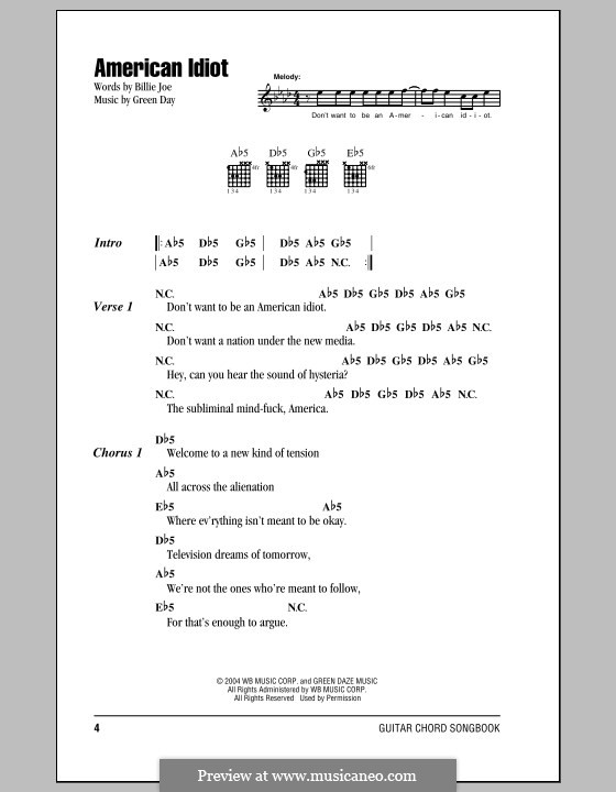 American Idiot (Green Day): Lyrics and chords by Billie Joe Armstrong, Tré Cool, Michael Pritchard