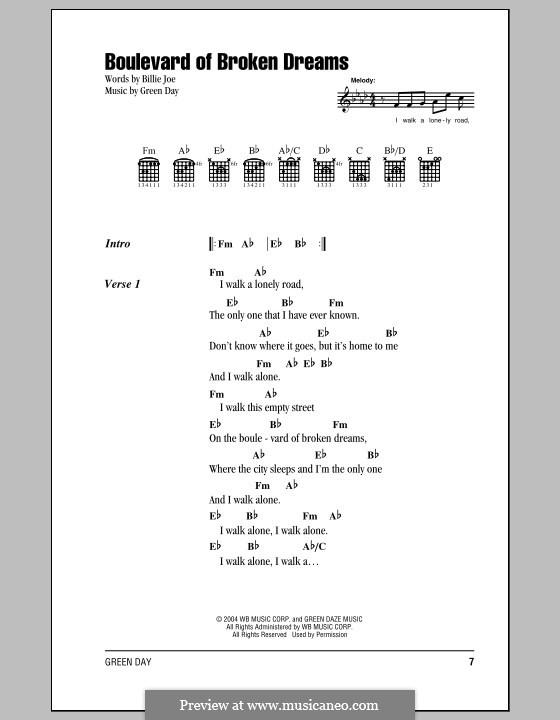 Boulevard of Broken Dreams (Green Day): Lyrics and chords by Billie Joe Armstrong, Tré Cool, Michael Pritchard