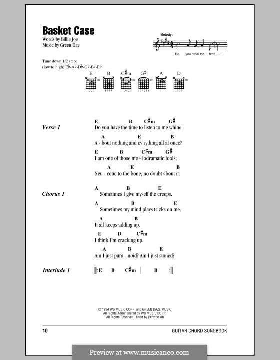 Basket Case (Green Day): Lyrics and chords by Billie Joe Armstrong, Tré Cool, Michael Pritchard