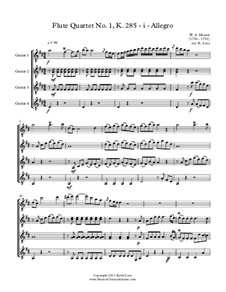 Quartet for Flute and Strings No.28 in D Major, K.285: Movement I - Allegro, for guitar quartet - score and parts by Wolfgang Amadeus Mozart