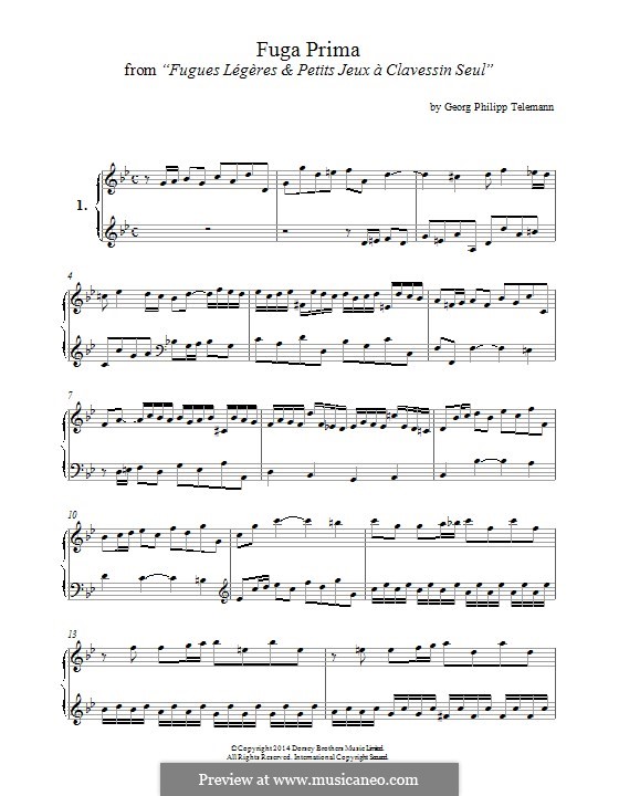 Fugues Légères e petits Jeux à Clavessin Seul: Fuga No.1. Version for piano by Georg Philipp Telemann
