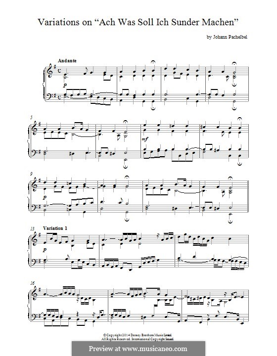 Variations on Choral 'Ach, was soll ich Sünder machen': For piano by Johann Pachelbel