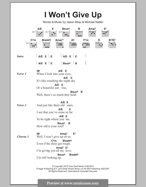 I Won't Give Up: Lyrics and chords by Jason Mraz, Michael Natter