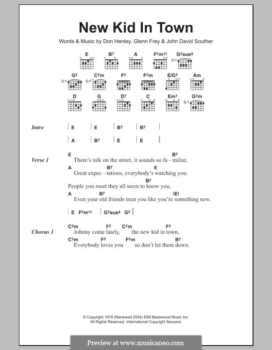 New Kid in Town (The Eagles): Lyrics and chords by Don Henley, Glen Frey, John David Souther