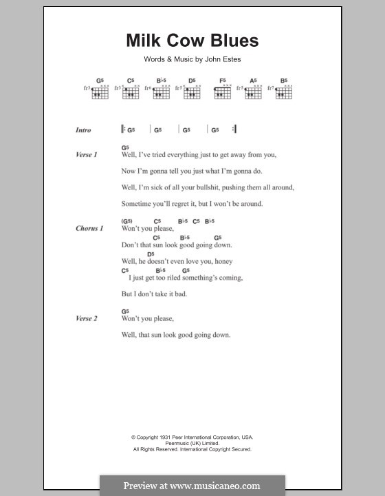Milk Cow Blues: Lyrics and chords by John Estes