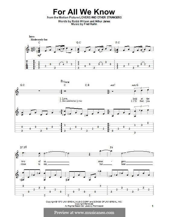 For All We Know (Carpenters): For guitar with tab by Fred Karlin, Jimmy Griffin, Robert Wilson