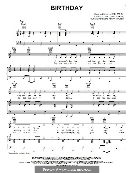 Birthday: For voice and piano (or guitar) by Bonnie McKee, Katy Perry, Lukas Gottwald, Max Martin, Henry Russell Walter