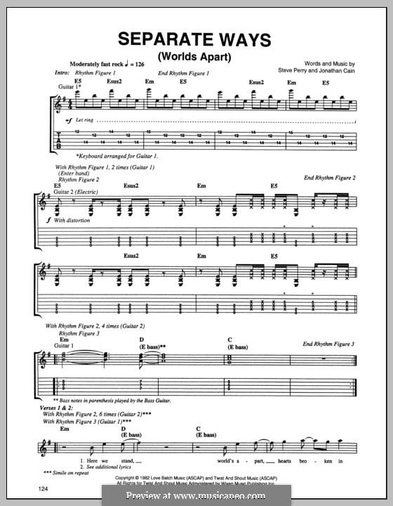 Separate Ways (Worlds Apart): For guitar with tab by Jonathan Cain, Steve Perry