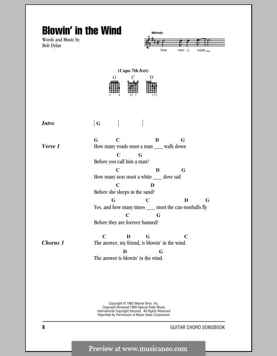 Blowin' in the Wind: Lyrics and chords by Bob Dylan